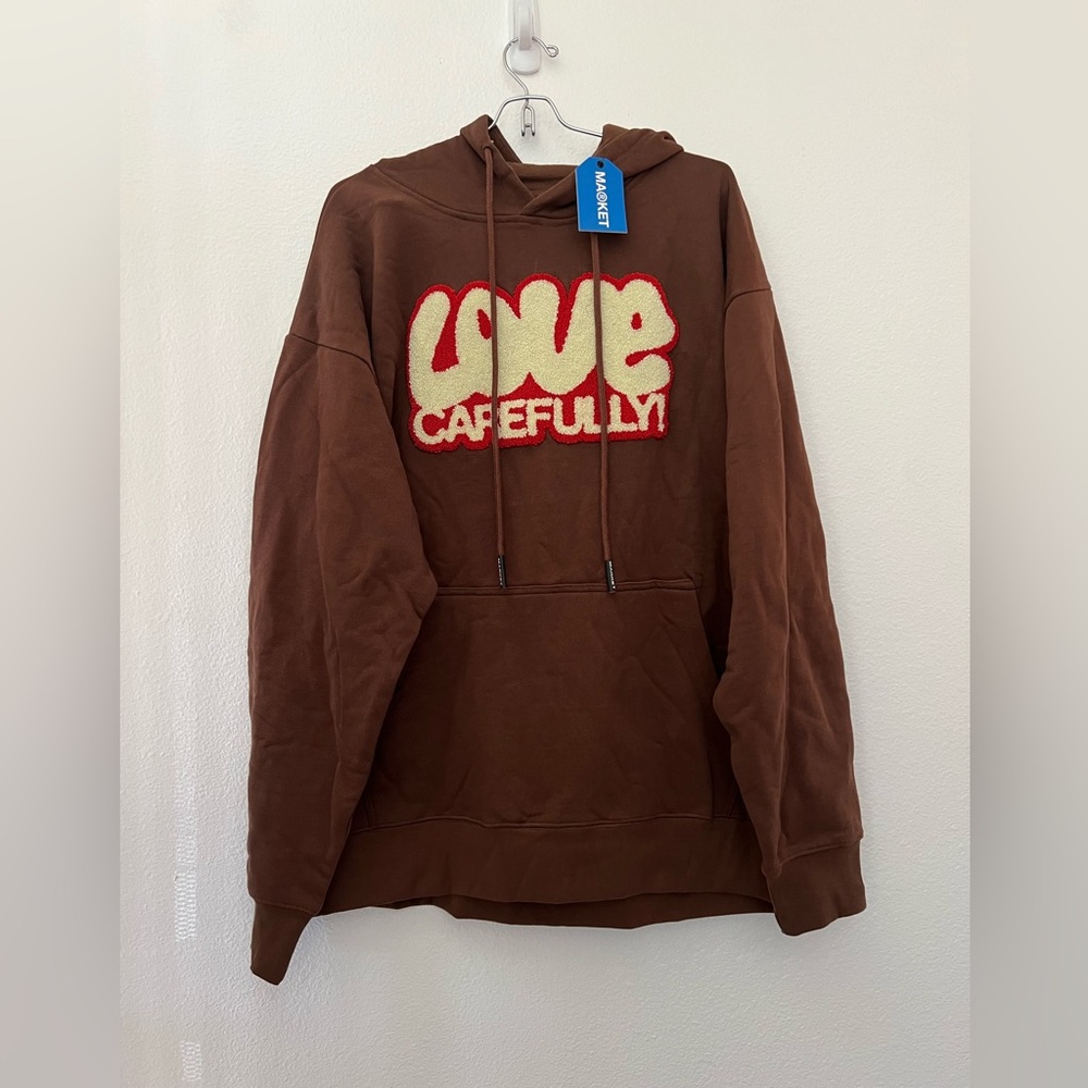 New Market Love carefully brown textured hooded sweatshirt unisex XL streetwear